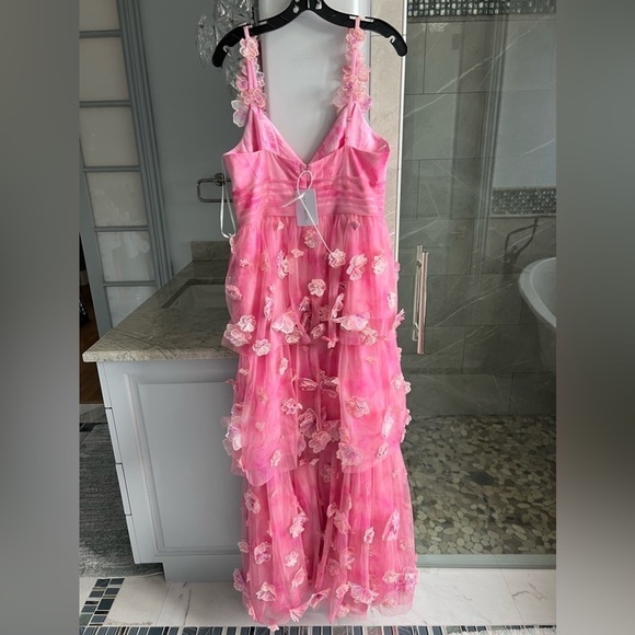 MARCHESA NOTTE Pleated Tiered Tulle Gown with 3D Flowers Blush Pink - Picture 10 of 12